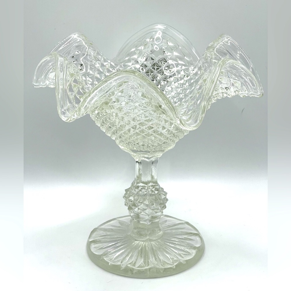 VTG Ivima Ruffled Edge Textured Clear Glass Compote Pedestal Candy Dish 5.5 in